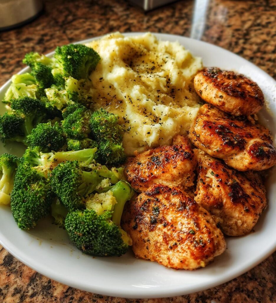 “Bash it About Chicken” with Mash and Sauteed Broccoli