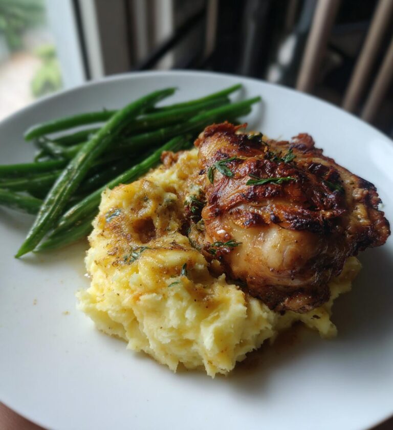 Cheesy Mash with Smoky Chicken Thighs and Green Beans