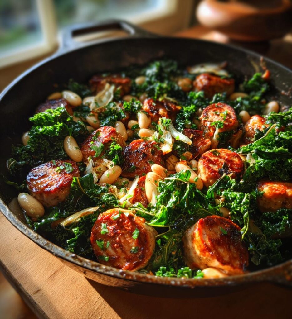 Tuscan Chicken Sausages with White Beans and Kale