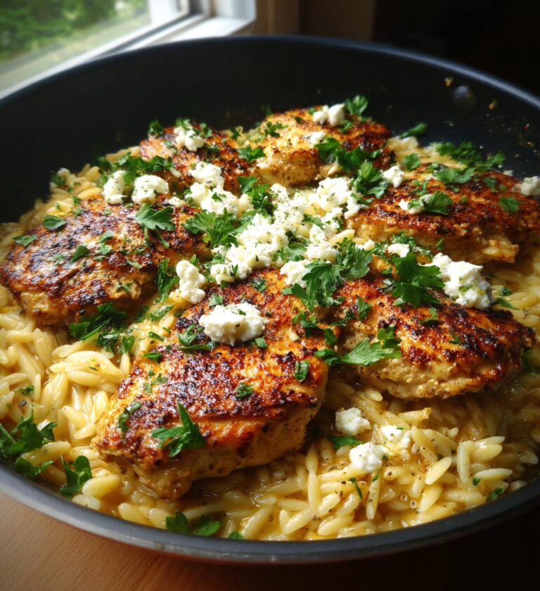 One Skillet Lemon Butter Dijon Chicken and Orzo with Feta Sauce