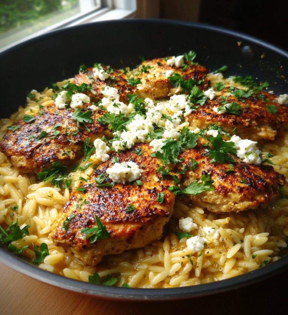 One Skillet Lemon Butter Dijon Chicken and Orzo with Feta Sauce