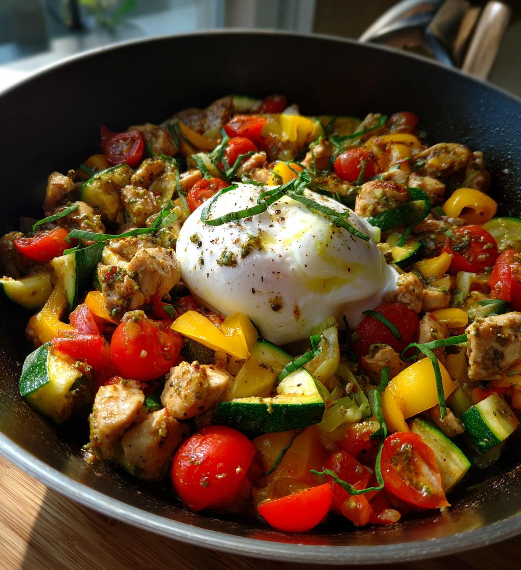 Pesto Chicken & Vegetable Skillet with Burrata