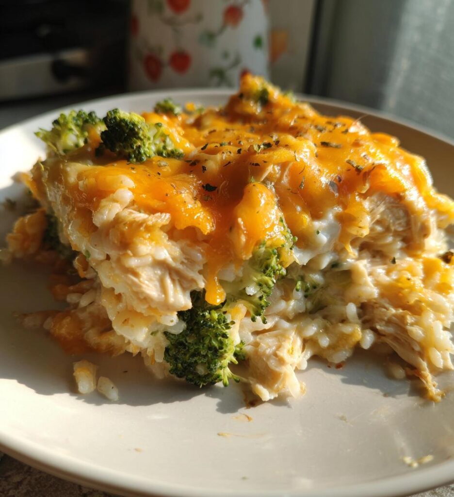 cheesy chicken rice and broccoli casserole