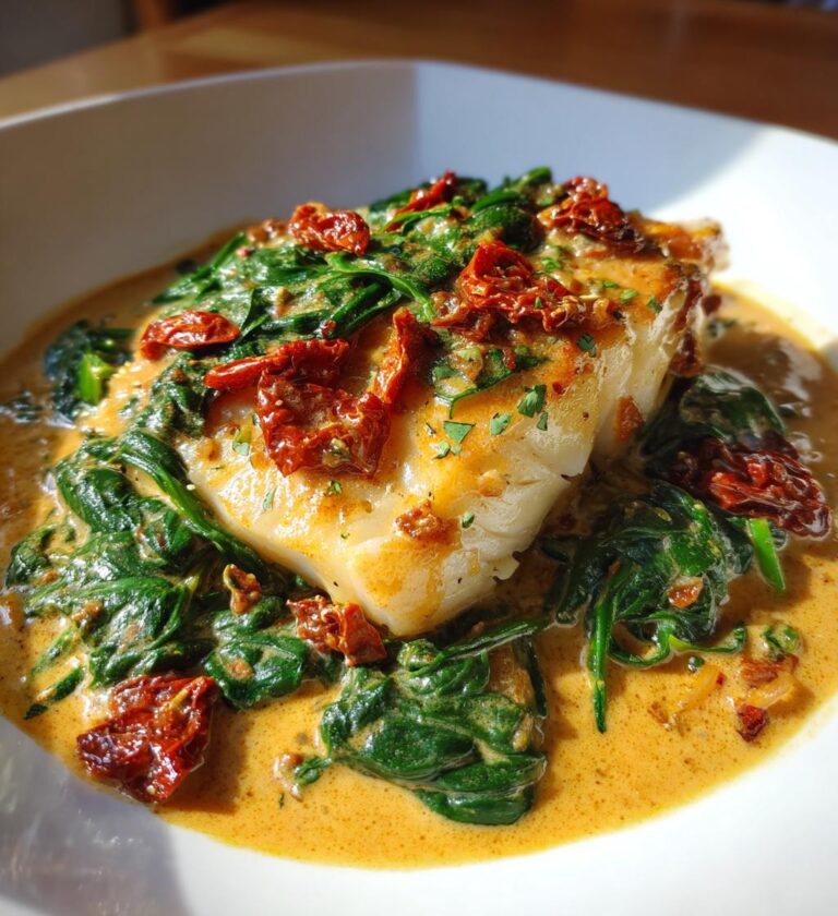 creamy keto tuscan cod with spinach and sun dried tomatoes