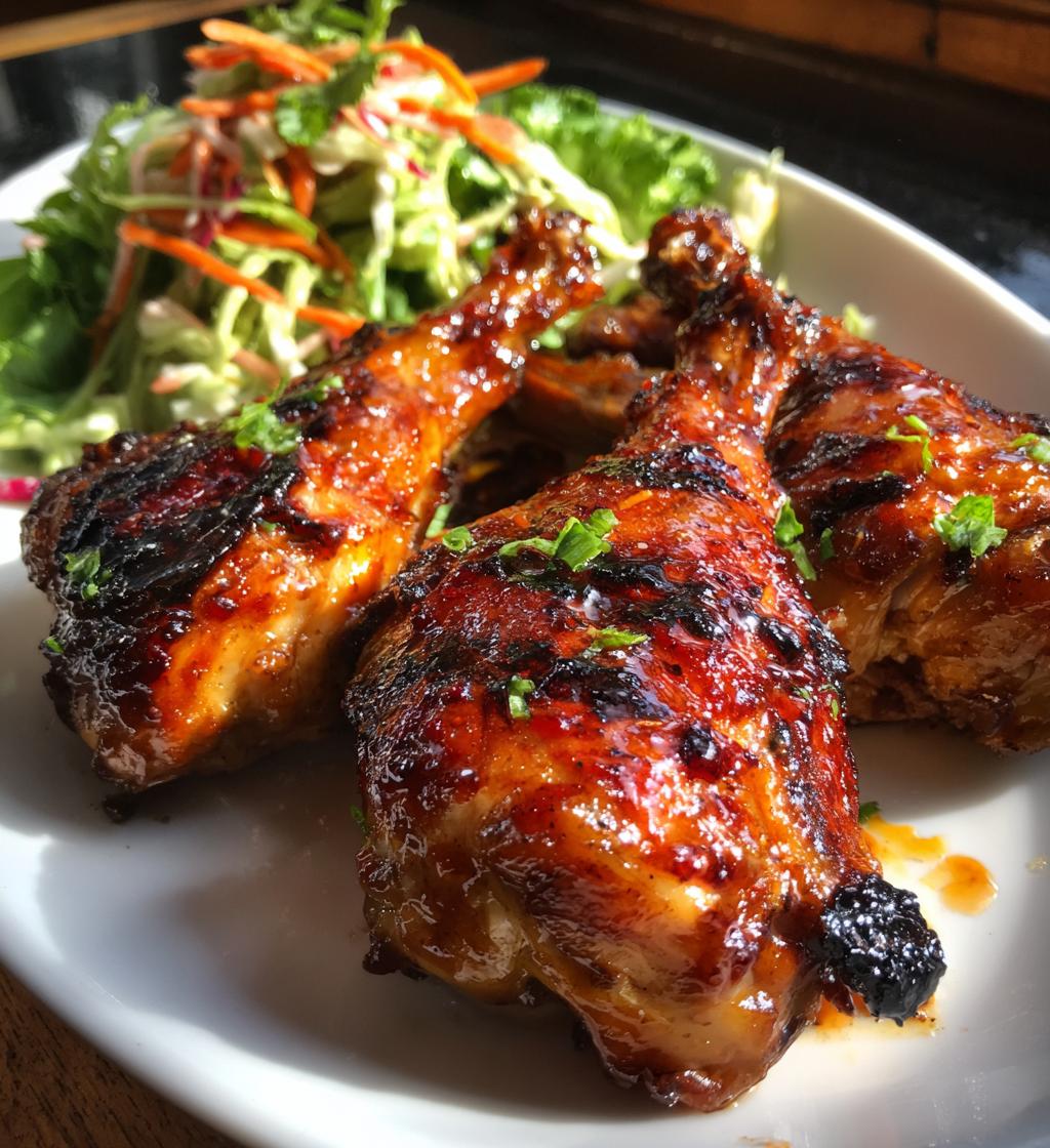 Grilled Sticky Honey-Sriracha Drumsticks with Slaw and Grilled Peach