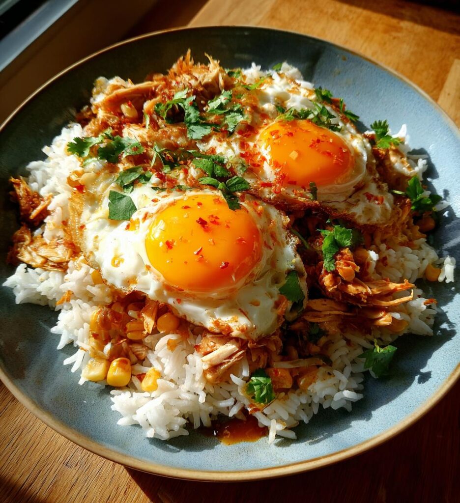 Fried Egg and Chicken Rice with Charred Corn