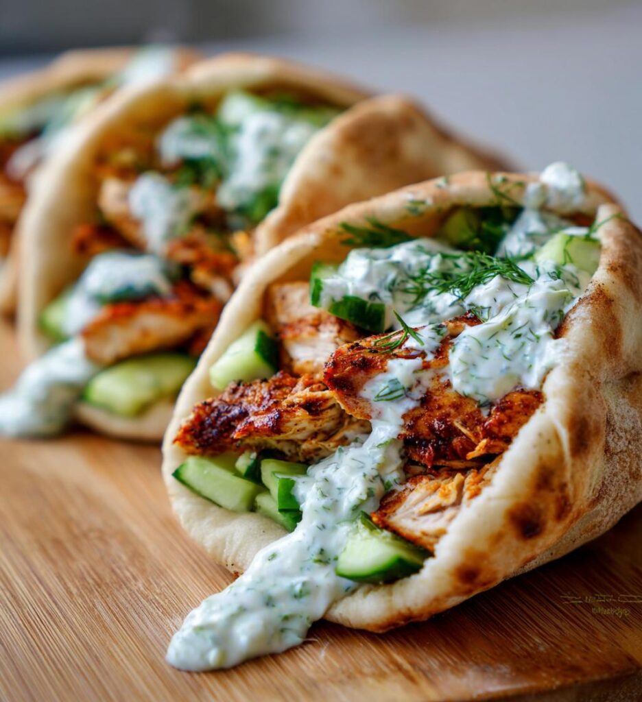 Garlic Chicken Pitas with Dill Yogurt Sauce