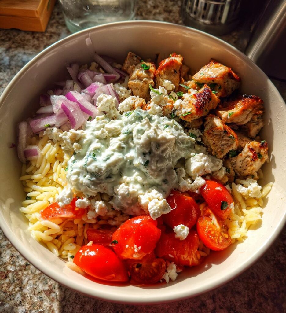 Greek Chicken Bowls with Orzo and Tzatziki