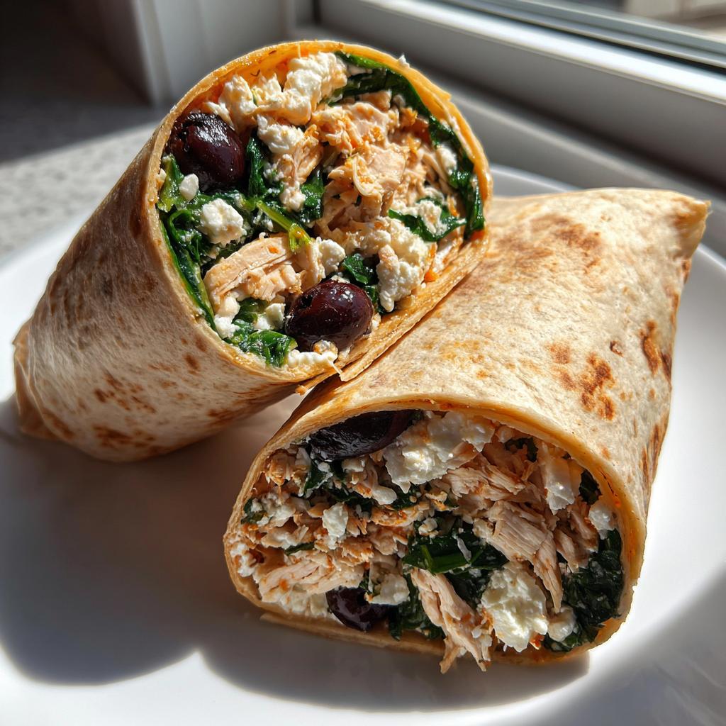 Greek Chicken Wraps with Spinach, Olives, and Feta