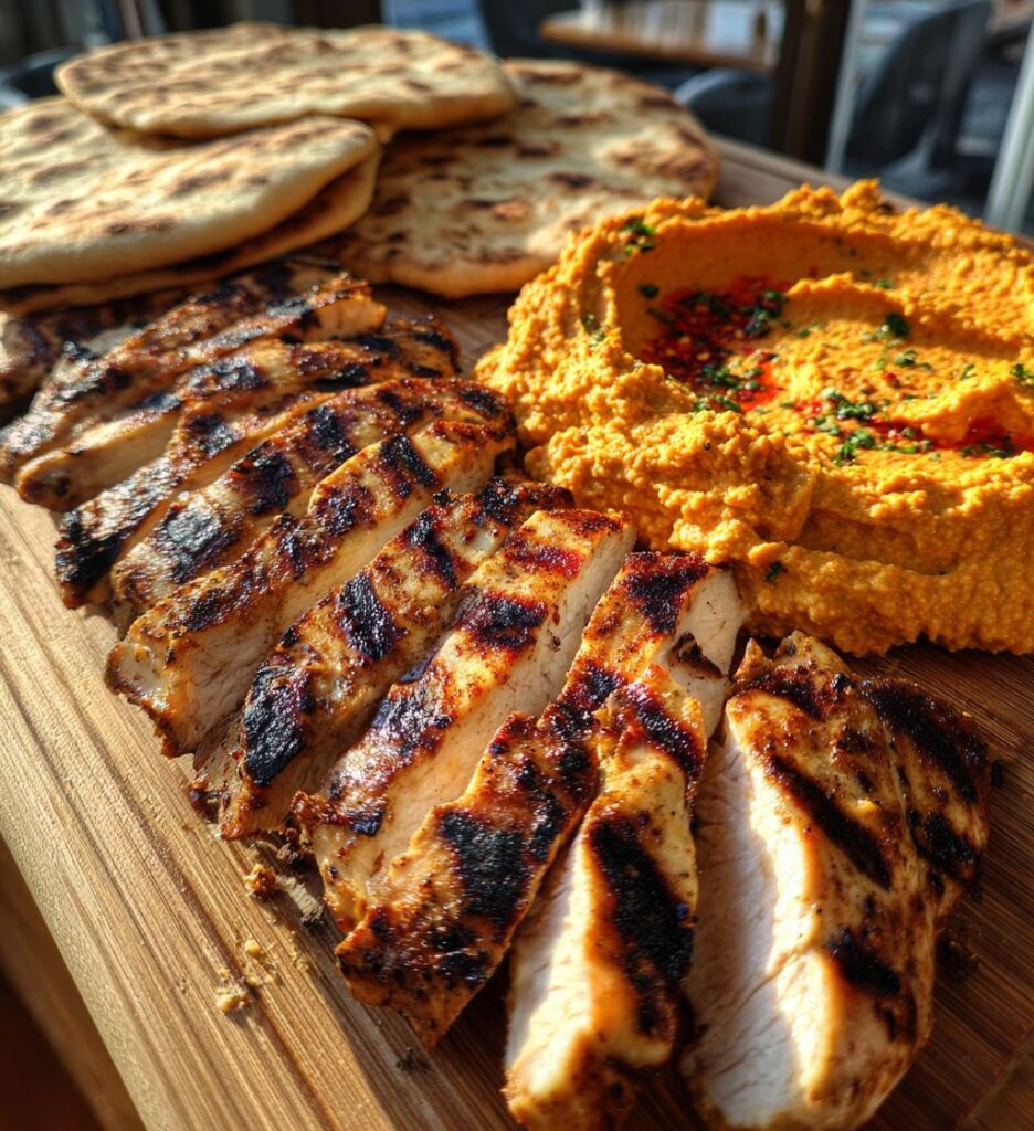 Grilled Chicken with Roasted Red Pepper Hummus and Pita