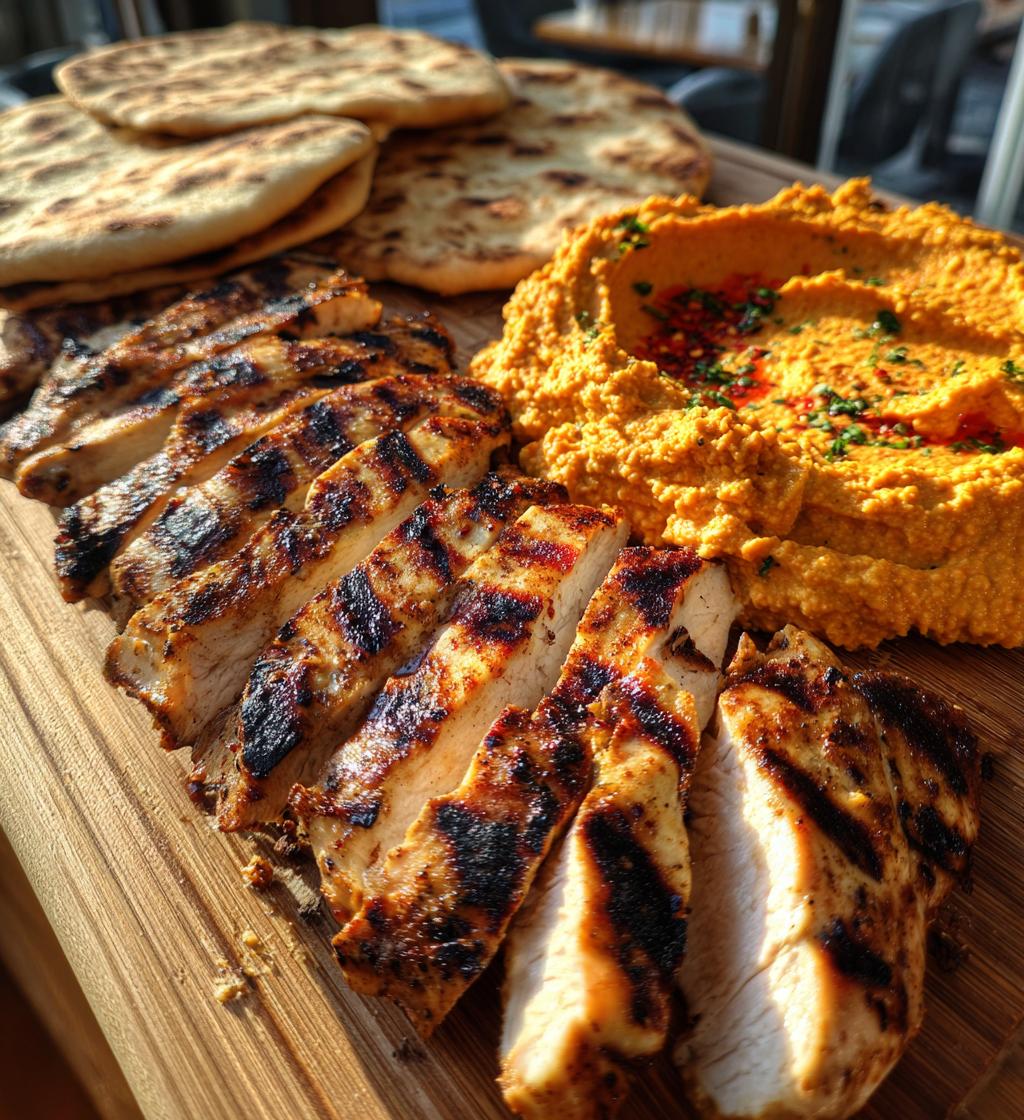 Grilled Chicken with Roasted Red Pepper Hummus and Pita