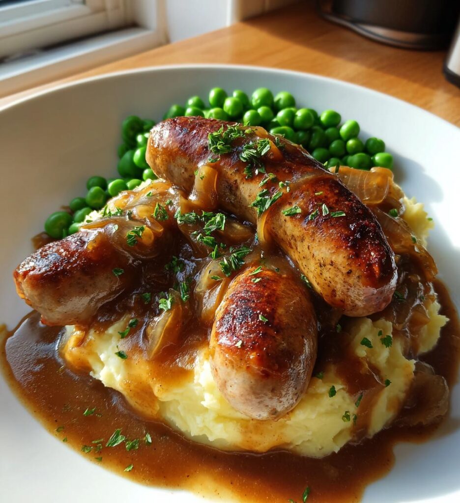 Sausage and Mash with Onion Gravy and Peas