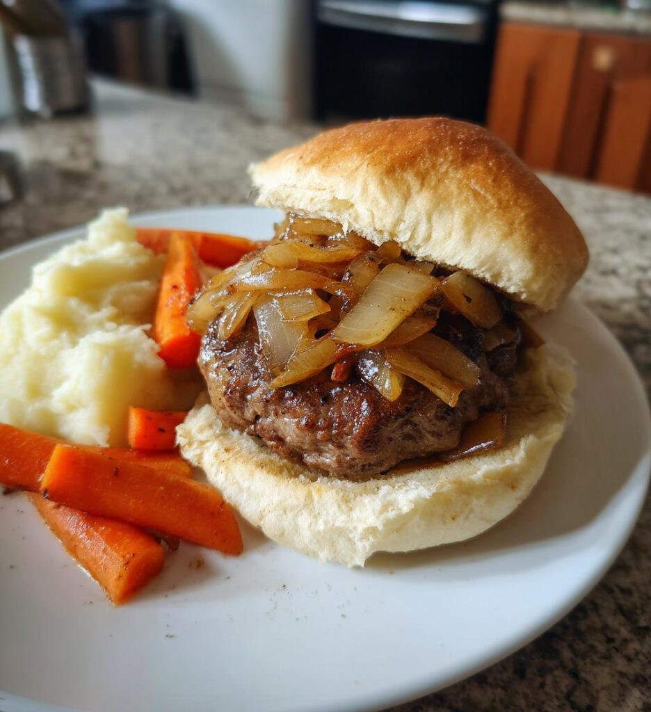 Steak Burger, Mash, Turnip and Steamed Carrot and Onions